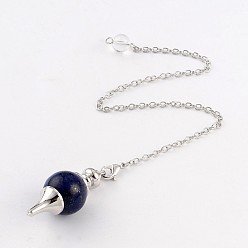 Lapis Lazuli Natural Lapis Lazuli Sphere Dowsing Pendulums, with Platinum Tone Brass Cross Chain & Lobster Claw Clasps, 225~240mm