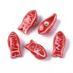 Красный Ручной фарфоровые керамические шарики, Famille выросли стиле, рыба, красные, 22~23x10~11.5x9.5~10 мм, отверстие : 1.8~2.5 мм