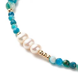 Deep Sky Blue Natural Pearl Beaded Necklace, Round Natural Striped Agate Reiki Beads Necklace for Women, Golden, Deep Sky Blue, 16 inch(40.5cm)