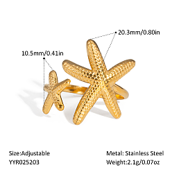 Настоящее золото 18K Кольца-манжеты из нержавеющей стали с морской тематикой, морская звезда, реальный 18 k позолоченный, 20.3 мм, внутренний диаметр: регулируемый