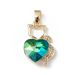 Verdemar Claro Colgantes de circonita cúbica transparente micro pavé de latón chapado en oro real 18k, con vidrio, larga duración plateado, sin plomo y cadmio, encanto de gato con corazón, verde mar claro, 24x15x8 mm, agujero: 5x3 mm