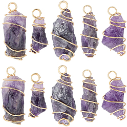 Настоящее золото 18K 20Подвески из грубого натурального аметиста, с обмоткой из медной проволоки, самородки, реальный 18 k позолоченный, 21~30x9~12x7~10 мм, отверстие : 2.5~3.1 мм