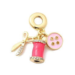 Настоящее золото 18K Латунь микропаве прозрачный кубический цирконий европейские подвески с подвесками, с ярко-розовой эмалью, Подвески с большими отверстиями, без кадмия и без свинца, ножницы, катушка и кнопка, реальный 18 k позолоченный, 30.5 мм, отверстие : 4.5 мм