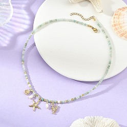 Amazonite Ocean Brass and Alloy Starfish Shell Shape Pendant Natural Amazonite and Pearl Beaded Necklaces for Women, Golden, 16.02 inch(40.7cm)