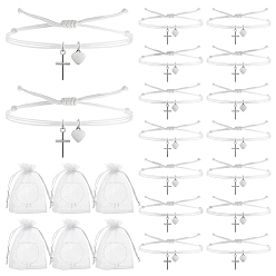 Белый 60шт. браслеты с подвесками из сплава и нержавеющей стали, плетеные браслеты из нейлонового шнура для женщин, крест и сердце, с подарочными пакетами из органзы, белые, внутренний диаметр: 2-1/8~4 дюйм (5.5~10 см)