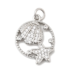 Shell Shape Латунные микро проложить кубического циркония подвески, плоские круглые прелести, долговечный, без кадмия и без свинца, с целью перехода в кольце, платина, формы раковины, 21x16x2.5 мм, отверстие : 3 мм