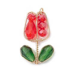 Красный Подвески гальванизируйте стекла, очаровательный цветок тюльпана, с экологически чистой медной проволокой, граненые, красные, 36~37x23~24x8 мм, отверстие : 3.4 мм