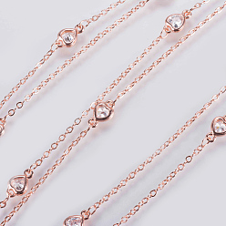 Rose Gold Handmade Brass Beaded Chains, Soldered, with Faceted Cubic Zirconia Links, Heart, Rose Gold, 39.3 inch(1m)