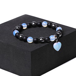 Смешанные камни Браслеты с подвесками из натурального черного обсидиана и синтетического немагнитного гематита и опалита, эластичные браслеты для женщин, сердце