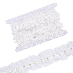 Weiß 4 Meter Polyester-Kräuselgazeband, Spitzenbesatz, mit Kunststoff-Perle, Kleidungszubehör, weiß, 1-5/8 Zoll (40 mm)