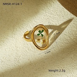 Клевер Стабилизированные цветы 304 открытые кольца-манжеты из нержавеющей стали и эпоксидной смолы для женщин, золотые, клевер, 23x15 мм, размер США 4 1/4~14 (15~23 мм)