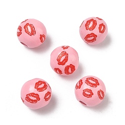 Бледно-Розовый Европейские деревянные бусины ко Дню святого Валентина, окрашенные распылением и напечатанные, круглый с узором губ, бусины с большим отверстием, розовый жемчуг, 15~16 мм, отверстие : 4 мм