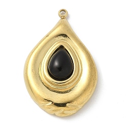 Обсидиан Природные подвески обсидиана, 304 подвески-слезинки из нержавеющей стали, реальный 18 k позолоченный, 28~28.5x18~18.5x6~6.5 мм, отверстие : 1.4 мм