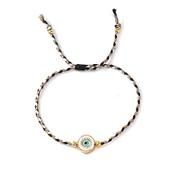 Negro Pulseras de eslabones de latón esmaltado blanco con forma de ojo turco, Pulseras ajustables de cordón de algodón trenzado para mujer, dorado, negro, 11.02 pulgada (28 cm)