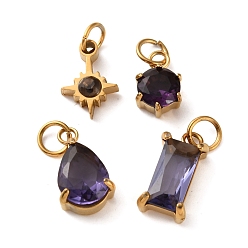 Indigo 4Pcs 4 Styles 304 Stainless Steel & Glass Pendants, Star & Flat Round & Teardrop & Rectangle, with Jump Ring, Faceted, Ion Plating(IP), Long-Lasting Plated, Indigo, 10~14x6.5~8x3~5mm, Hole: 3mm