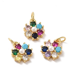 Colorful Rack Plating Brass Micro Pave Cubic Zirconia Charms, with Pearl, Cadmium Free & Lead Free, Real 18K Gold Plated, Flower, Colorful, 12.5x10.5x4mm, Hole: 3.6mm