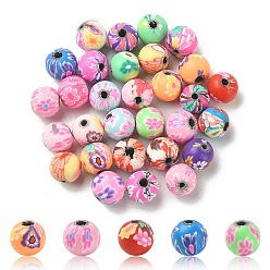 Mixed Color Handmade Polymer Clay Beads, Round with Flower Pattern, Mixed Color, 8mm