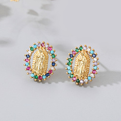 Разноцветный Овальные кубические циркония с серьгами-гвоздиками Девы Марии, Бохо золотые латунные украшения для женщин, красочный, 17x15 мм