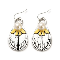 Античный Серебристый & Золотой Серьги-капли с цветком из пластика с подвесками из искусственного жемчуга, длинные серьги-капли из цинкового сплава для женщин, старинное серебро & золотой, 50x24 мм