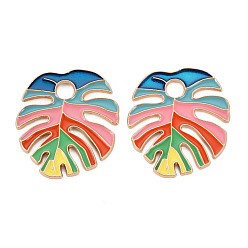 Mixed Color Rack Plating Alloy Enamel Pendants, Cadmium Free & Nickel Free & Lead Free, Monstera Leaf, Light Gold, Mixed Color, 33.5x30x1.5mm, Hole: 5mm