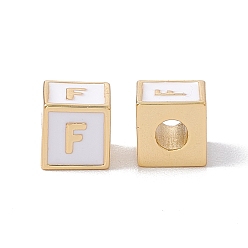 Letter F Стойки покрытие латунь эмаль бисер, без кадмия, без никеля и без свинца, реальный 18 k позолоченный, куб с письмом, серый, буква f, 6x6x6 мм, отверстие : 2.5 мм