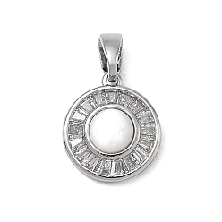 Platinum Brass Pave Clear Cubic Zirconia Charms, with Shell, Flat Round Charms, Platinum, 13x11x3.5mm, Hole: 3x5mm