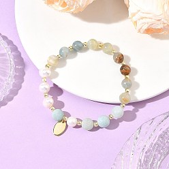 Golden 8MM Round Natural Blue Calcite and Potato Natural Pearl Beaded Stretch Bracelets, 304 Stainless Steel Oval Blank Tage Charm Bracelets, Golden, Inner Diameter: 2.28 inch(5.8cm)