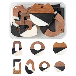 Mixed Color 14Pcs 7 Style Resin & Walnut Wood Pendants, Rectangle & Trapezoid & Ring & Flat Round & Gap Flat Round, Mixed Color, 28~38x19.5~37x3~4mm, Hole: 1.8~2mm, 2pcs/style