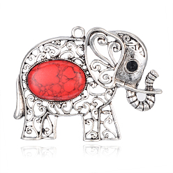 Red Alloy Synthetic Turquoise Big Pendants, with Rhinestones, Elephant, Antique Silver, Red, 63x49x8mm, Hole: 3mm