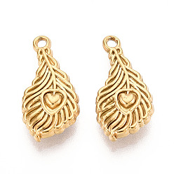 Настоящее золото 18K 304 подвески из нержавеющей стали, перо с сердцем, ионное покрытие (ip), реальный 18 k позолоченный, 19x9x3.5 мм, отверстие : 1.4 мм