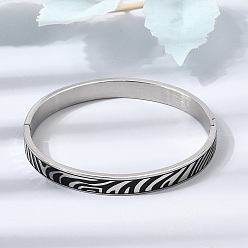 Stainless Steel Color 304 Stainless Steel Black Enamel Zebra Skin Print Hinged Cuff Bangles for Women, Stainless Steel Color, Inner Diameter: 2.05x2.48 inch(5.2x6.3cm)