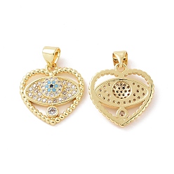 Golden Brass Micro Pave Cubic Zirconia Pendants, Heart with Evil Eye Charm, Golden, 23x17.5x3mm, Hole: 5x3mm