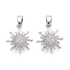 Платина Латунные микропаве прозрачные подвески с фианитом, солнечные чары, платина, 14.5x12.5x2.5~3 мм, отверстие : 5x2 мм