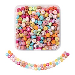 Mixed Color 5 Style Opaque Mixed Color Acrylic Beads, Metal Enlaced, Flat Round with Mixed Letters, Mixed Color, 6.5~7x3~4mm, Hole: 1.5~1.8mm, about 50g/box, 405pcs/50g