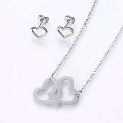 Нержавеющая Сталь Цвет Комплекты ювелирных изделий из нержавеющей стали, устойчивые к потускнению, серьги и подвесные ожерелья, сердце, цвет нержавеющей стали, колье: 201 дюйм (18.9 см), серьги стержня: 48мм, штифты : 8x10x1.2 мм