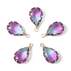 Темная Орхидея 5 прозрачные стеклянные брелоки, слеза, с фурнитурой позолоченной латунной, два тона, граненые, темные орхидеи, 18x10x5 мм, отверстие : 2 мм