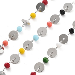 Разноцветный Плоские круглые цепочки из латуни и стеклянных бусин ручной работы, для ожерелья браслеты решений, долговечный, пайки, с катушкой, красочный, 4.5x3.5 мм, около 16.40 футов (5 м) / рулон