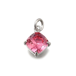 Светло-Вишневый Ромб из латуни со стеклянными подвесками, одиночные каменные прелести, без кадмия и без свинца, долговечный, стойки покрытие, платина, светло-вишневый, 10x8x4 мм, отверстие : 2 мм