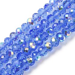 Королевский синий Гальванизируйте прозрачное стекло бисер нитей, рондель, с покрытием AB цвета, с половиным покрытием, граненые, королевский синий, 4x3 мм, отверстие : 1 мм, около 145~148 шт / нитка, 17.83~18.31'' (45.3~46.5 см)