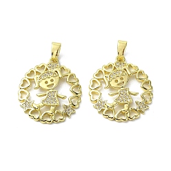 Clear Rack Plating Brass Micro Pave Cubic Zirconia Pendants, Long-Lasting Plated, Real 18K Gold Plated, Lead Free & Cadmium Free, Round with Human, Clear, 24.5x22x3mm, Hole: 5x3mm