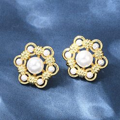 Настоящее золото 18K Серьги-гвоздики из искусственного жемчуга с цветком из латуни и АБС-пластика, долговечный, без кадмия и без свинца, стойки покрытие, реальный 18 k позолоченный, 20x22 мм