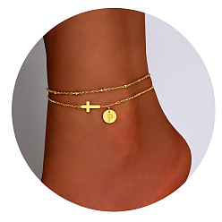 Letter P Браслеты на ногу из латуни с боковыми поперечными связями и плоскими круглыми начальными подвесками, золотые, Письмо P, 7-7/8 дюйм (200 мм)