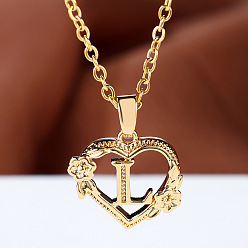 Letter L Цепочка из латуни с подвеской в виде сердца в форме розы и буквы, золотые, Письмо L, 17.72 дюйм (45 см)