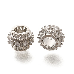 Платина Реечное покрытие латунь микро паве прозрачный кубический цирконий европейские бусины, бусины с большим отверстием, долговечный, без свинца и без кадмия, круглые, платина, 10x7.5 мм, отверстие : 4.5 мм