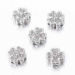 Real Platinum Plated Rack Plating Brass Micro Pave Cubic Zirconia Beads, Flower, Clear, Real Platinum Plated, 8x5mm, Hole: 1.5mm