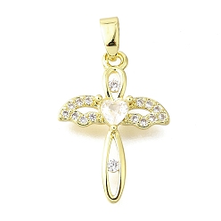 Настоящее золото 18K Латунные микро проложить кубического циркония подвески, крест с крыльями, долговечный, без свинца и без кадмия, стойки покрытие, реальный 18 k позолоченный, 21x15x3 мм, отверстие : 5x3 мм