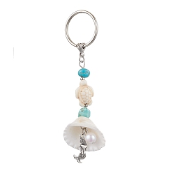 Floral White Synthetic Turquoise Keychain, with Tibetan Style Alloy Pendants and Shell Pendants, Mermaid, Floral White, 10cm