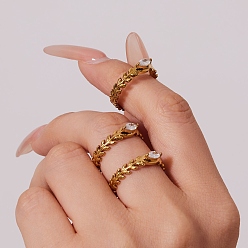 Золотой 304 Кольца-манжеты из нержавеющей стали со стразами для женщин, лист с конским глазом, золотые, размер США 7 (17.3 мм)