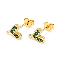 Зеленый Серьги-гвоздики из циркония, с петлей, реальный 18 k позолоченный, сердце, зелёные, 8.2x7.3 мм, отверстие : 1.2 мм, штифты : 0.9 мм