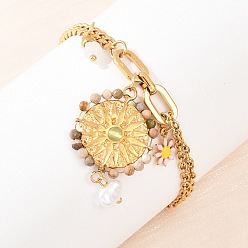 Настоящее золото 18K Плоские круглые и цветочные браслеты с подвесками из нержавеющей стали и эмали, с натуральным алаташским агатом и бусинами из кварца, ионное покрытие (ip), реальный 304 k позолоченный, 18 дюйм (6-3/8 см)